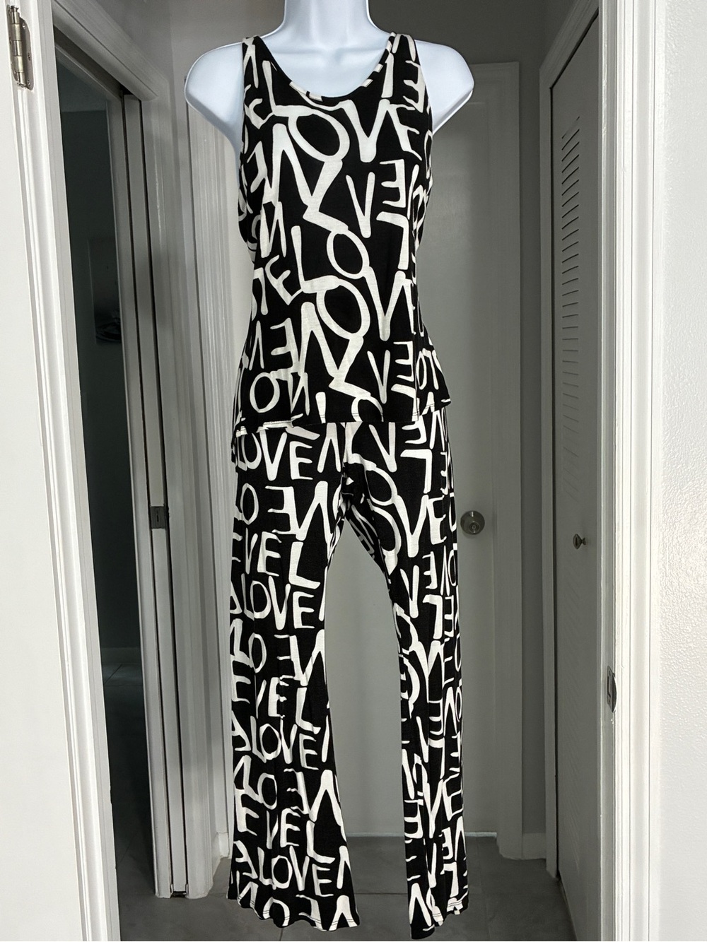 VENUS Black & White 'LOVE' Graphic Wide-Leg 2 Piece PJ Set